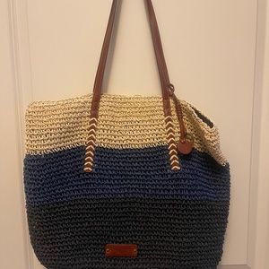 Guess woven Navy blue and cream tote, with two leather handles
